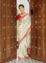 Ivory Silk Saree with Antique Red Zari Border & Royal Motif Weaving – Elegant Wedding & Festive Wear - Image 4