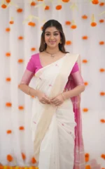 Kerala Style Soft Cotton Silk Saree with Contrast Blouse & Zari Border - Image 7