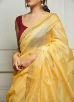 Golden Sheer Tissue Silk Saree with Zari Border – Festive & Occasion Wear - Image 7