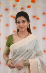 Kerala Style Soft Cotton Silk Saree with Contrast Blouse & Zari Border - Image 10