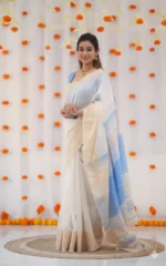 Kerala Style Soft Cotton Silk Saree with Contrast Blouse & Zari Border - Image 14