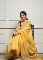 Golden Sheer Tissue Silk Saree with Zari Border – Festive & Occasion Wear - Image 6