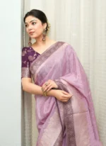 Lavender Silk Saree with Elegant Zari Border & Subtle Woven Motifs – Premium Festive & Party Wear - Image 3
