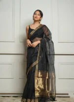 Golden Sheer Tissue Silk Saree with Zari Border – Festive & Occasion Wear - Image 30