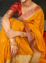 Mustard Yellow Silk Saree with Antique Red Zari Border – Festive, Haldi & Wedding Wear - Image 2