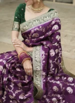 Royal Purple Maharani Motif Silk Saree with Elephant Zari Weaving & Antique Gold Border – Premium Wedding Wear - Image 9