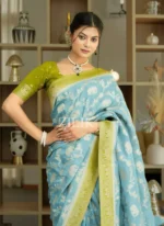 Sky Blue & Panna Green Royal Elephant Motif Silk Saree with Zari Border – Festive & Wedding Wear - Image 5