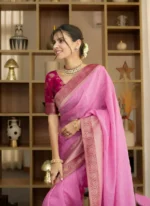 Rose Pink Silk Saree with Rani Contrast Pallu & Antique Zari Border – Festive & Wedding Wear - Image 4