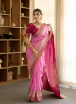 Rose Pink Silk Saree with Rani Contrast Pallu & Antique Zari Border – Festive & Wedding Wear - Image 3