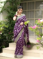 Royal Purple Maharani Motif Silk Saree with Elephant Zari Weaving & Antique Gold Border – Premium Wedding Wear - Image 7