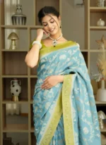 Sky Blue & Panna Green Royal Elephant Motif Silk Saree with Zari Border – Festive & Wedding Wear - Image 4