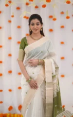 Kerala Style Soft Cotton Silk Saree with Contrast Blouse & Zari Border - Image 9