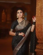Royal Black Silk Saree with Antique Gold Zari Border - Image 5