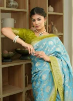 Sky Blue & Panna Green Royal Elephant Motif Silk Saree with Zari Border – Festive & Wedding Wear - Image 3
