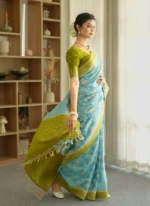 Sky Blue & Panna Green Royal Elephant Motif Silk Saree with Zari Border – Festive & Wedding Wear - Image 2