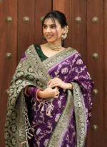 Royal Purple Maharani Motif Silk Saree with Elephant Zari Weaving & Antique Gold Border – Premium Wedding Wear - Image 5