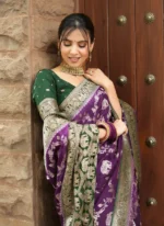 Royal Purple Maharani Motif Silk Saree with Elephant Zari Weaving & Antique Gold Border – Premium Wedding Wear - Image 4