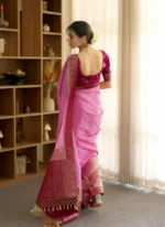 Rose Pink Silk Saree with Rani Contrast Pallu & Antique Zari Border – Festive & Wedding Wear - Image 2