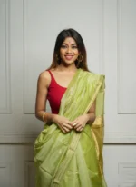 Golden Sheer Tissue Silk Saree with Zari Border – Festive & Occasion Wear - Image 9