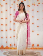 Kerala Style Soft Cotton Silk Saree with Contrast Blouse & Zari Border - Image 6