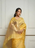 Golden Sheer Tissue Silk Saree with Zari Border – Festive & Occasion Wear - Image 5