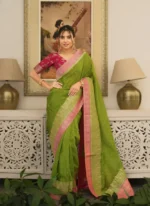 Panna Green Silk Saree with Rani Pink Zari Border & Elegant Motif Weaving – Festive & Wedding Wear - Image 3