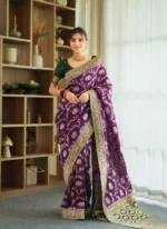 Royal Purple Maharani Motif Silk Saree with Elephant Zari Weaving & Antique Gold Border – Premium Wedding Wear - Image 3