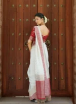 Off White Silk Saree with Traditional Red Zari Border – Temple, Wedding & Festive Wear - Image 4