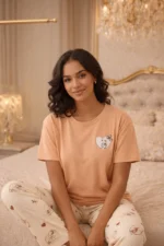 Peach Printed Lycra Full-Length Night Suit Set – Soft Premium Lounge Wear for Women - Image 3
