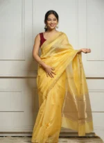 Golden Sheer Tissue Silk Saree with Zari Border – Festive & Occasion Wear - Image 2