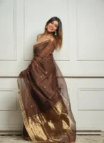 Golden Sheer Tissue Silk Saree with Zari Border – Festive & Occasion Wear - Image 17