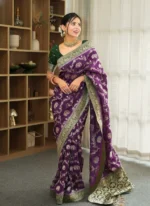 Royal Purple Maharani Motif Silk Saree with Elephant Zari Weaving & Antique Gold Border – Premium Wedding Wear - Image 2