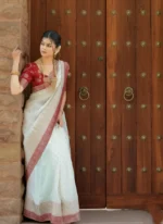 Off White Silk Saree with Traditional Red Zari Border – Temple, Wedding & Festive Wear - Image 2