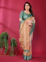 Emerald Peach Heritage Silk Saree - Image 4