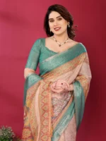 Emerald Peach Heritage Silk Saree - Image 2