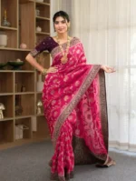 Rani Pink Royal Zari Elephant Motif Silk Saree with Antique Border – Luxury Wedding & Festive Wear - Image 4