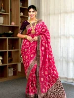 Rani Pink Royal Zari Elephant Motif Silk Saree with Antique Border – Luxury Wedding & Festive Wear - Image 3