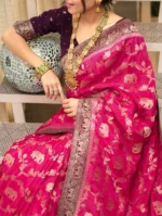 Rani Pink Royal Zari Elephant Motif Silk Saree with Antique Border – Luxury Wedding & Festive Wear - Image 2