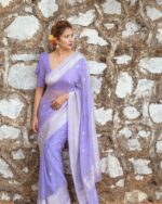 Lavender Silk Blend Saree with Elegant Silver Border - Image 4