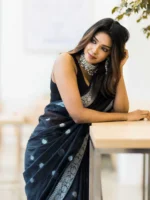 Midnight Black Saree with Silver Woven Border & Motifs - Image 4