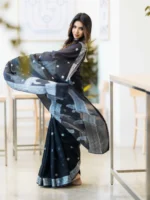 Midnight Black Saree with Silver Woven Border & Motifs - Image 3
