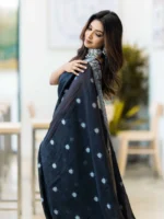 Midnight Black Saree with Silver Woven Border & Motifs - Image 2