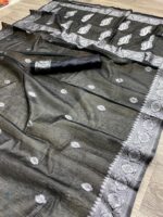 Midnight Black Saree with Silver Woven Border & Motifs - Image 5