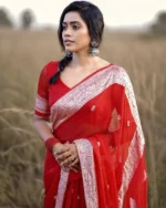 Crimson Red Saree with Elegant Woven Border & Motifs - Image 6
