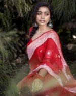 Crimson Red Saree with Elegant Woven Border & Motifs - Image 3