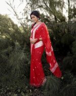 Crimson Red Saree with Elegant Woven Border & Motifs - Image 2