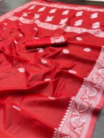 Crimson Red Saree with Elegant Woven Border & Motifs - Image 7