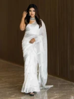 Ivory White Saree with Elegant Silver Woven Border - Image 4
