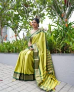 Temple Grace Lime Green Silk Saree with Traditional Green Border - Image 8