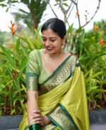 Temple Grace Lime Green Silk Saree with Traditional Green Border - Image 7